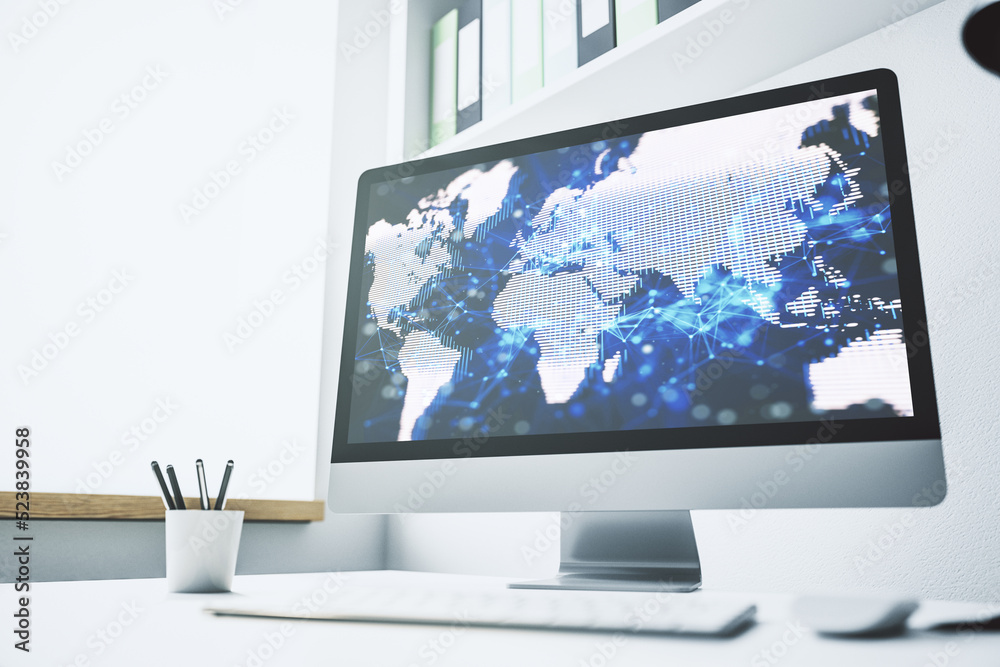 Poster Abstract creative digital world map on modern laptop monitor, tourism and traveling concept. 3D Rendering