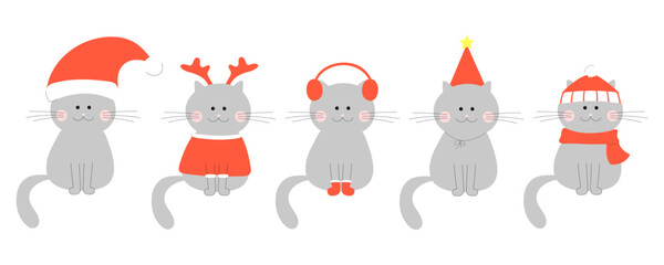 cute cats for Christmas day and New year. set of cats in red winter clothes