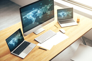 Computer monitor with abstract graphic digital world map with connections, globalization concept....