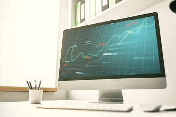 Modern computer display with abstract graphic data spreadsheet sketch, analytics and analysis concept. 3D Rendering