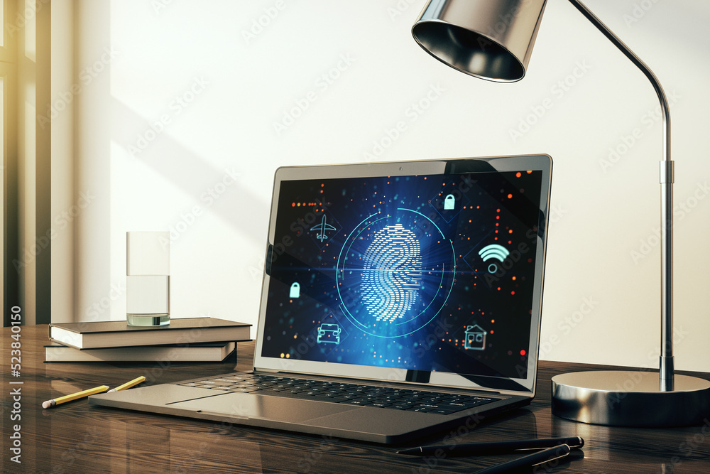 Poster Computer monitor with abstract fingerprint scan interface, digital access concept. 3D Rendering