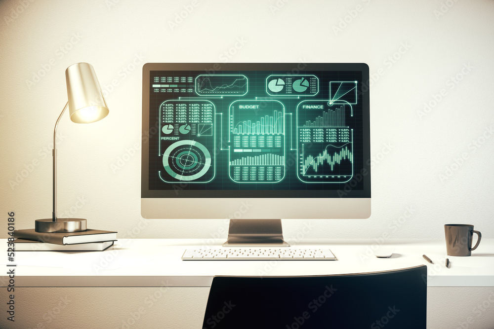 Aufkleber modern computer monitor with abstract statistics data hologram interface, computing and analytics co