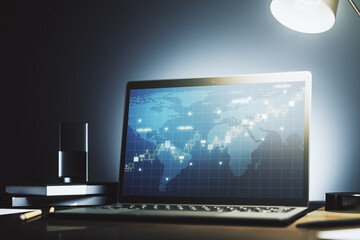 Abstract creative financial graph with world map on modern laptop monitor, forex and investment concept. 3D Rendering