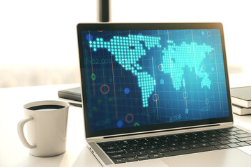 Abstract creative world map on modern laptop screen, international trading concept. 3D Rendering