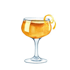 watercolor drawing glass with sidecar cocktail at white background,hand drawn illustration