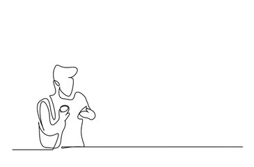 one young male student with backpack holding coffee and phone