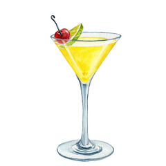 watercolor drawing glass with yellow bird cocktail at white background,hand drawn illustration