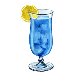 watercolor drawing glass with blue lagoon cocktail at white background,hand drawn illustration