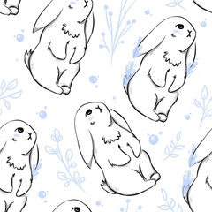 Rabbit and flowers seamless pattern. New year 2023 symbol - water rabbit. Cute illustration of rabbits for poster, background, wallpaper. Hand drawn digital art