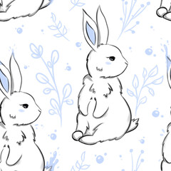Rabbit and flowers seamless pattern. New year 2023 symbol - water rabbit. Cute illustration of rabbits for poster, background, wallpaper. Hand drawn digital art