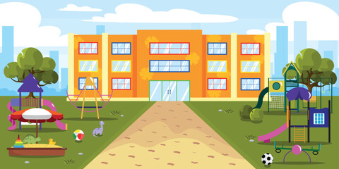 Vector illustration of modern kindergarten. Cartoon urban buildings with toys, swings, slides, sandbox, trees and a city in the background.