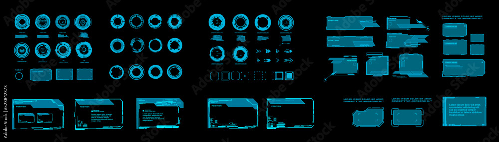 Poster set of elements for hud interface. futuristic virtual user interface with dialog boxes, portals and 