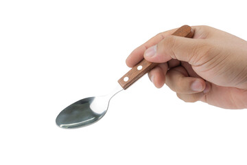 Right asian male Hand is holding a empty spoon isolated on white background.picking or selecting...
