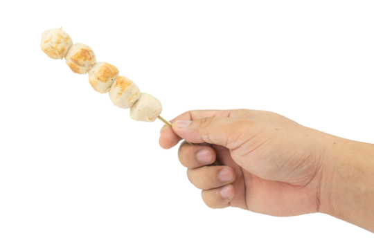 Right asian male Hand is holding a Grill pork balls isolated on white background.mockup and template for advertising