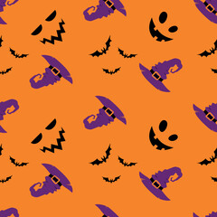 Seamless pattern with smiling faces of ghosts or Halloween pumpkins and witch hats on an orange background. Vector illustration
