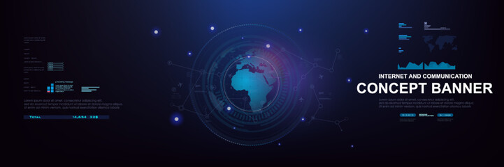 Internet and communications. Concept banner with HUD elements. Globe with information data exchange, connections, world internet technologies and communications. Earth chart interface in HUD style