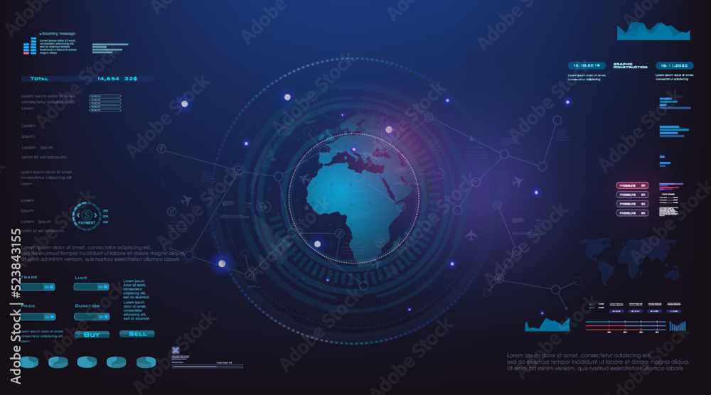 Poster futuristic background with hud elements. digital user interface with navigation bar. world internet 