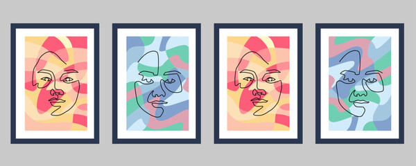 Abstract contemporary line portrait face boho poster template collection