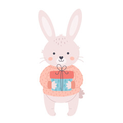 Cute bunny in sweater with present. Merry Christmas and Happy New Year. Year of the Rabbit. Hand drawn vector illustration