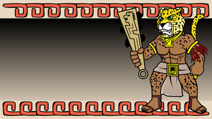 mexican aztec warrior tezcatlipoca god cartoon illustration background. poster vector format