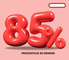 3D render number 85 % percentage RED plastic, balloon, sale discount, progress, shop kid sale