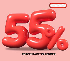 3D render number 55 % percentage RED plastic, balloon, sale discount, progress, shop kid sale