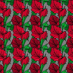 seamless repeating pattern of large red flowers on a gray background, repeating graphic color pattern, texture, design