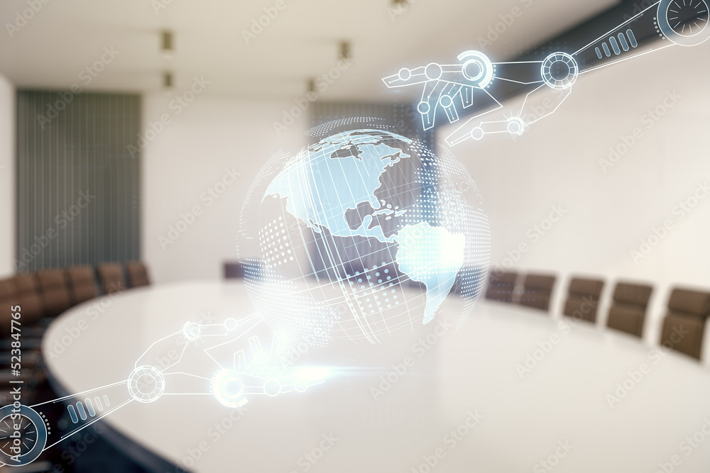 Aufkleber abstract virtual robotics technology hologram with globe sketch on a modern conference room backgrou