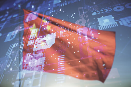 Multi exposure of abstract graphic coding sketch on Chinese flag and sunset sky background, big data and networking concept - Powered by Adobe