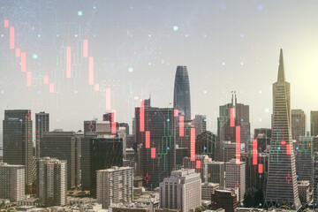 Double exposure of abstract virtual global crisis chart and world map hologram on San Francisco city skyscrapers background. Financial crisis and recession concept