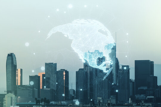 Double exposure of graphic America map hologram on Los Angeles office buildings background, big data and digital technology concept - Powered by Adobe