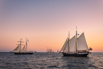 Segelschiffe im Sonnenuntergang auf der Hanse Sail in Rostock