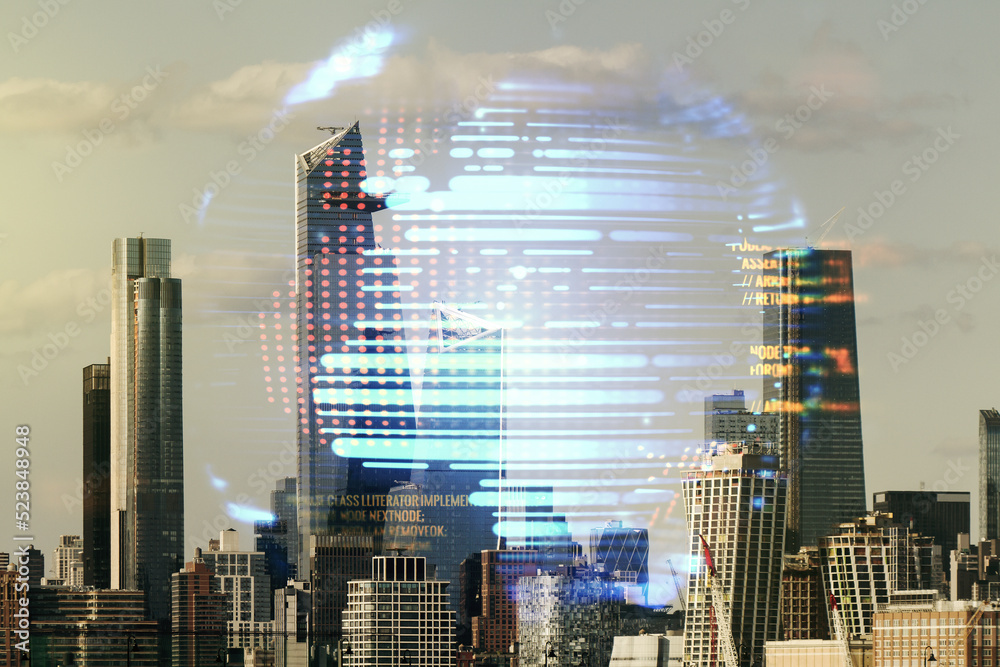 Aufkleber abstract virtual coding concept and world map hologram on new york city skyline background. multiexp