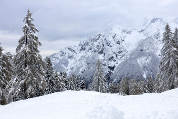 Winter Mountain landscape in Julian Alps Slovenia on Mountain Pass Road of Vrsic Slovenia