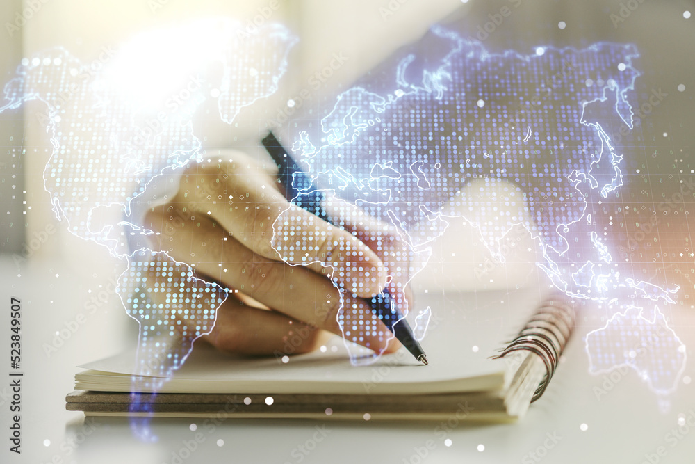 Poster double exposure of abstract digital world map and man hand writing in notepad on background, big dat
