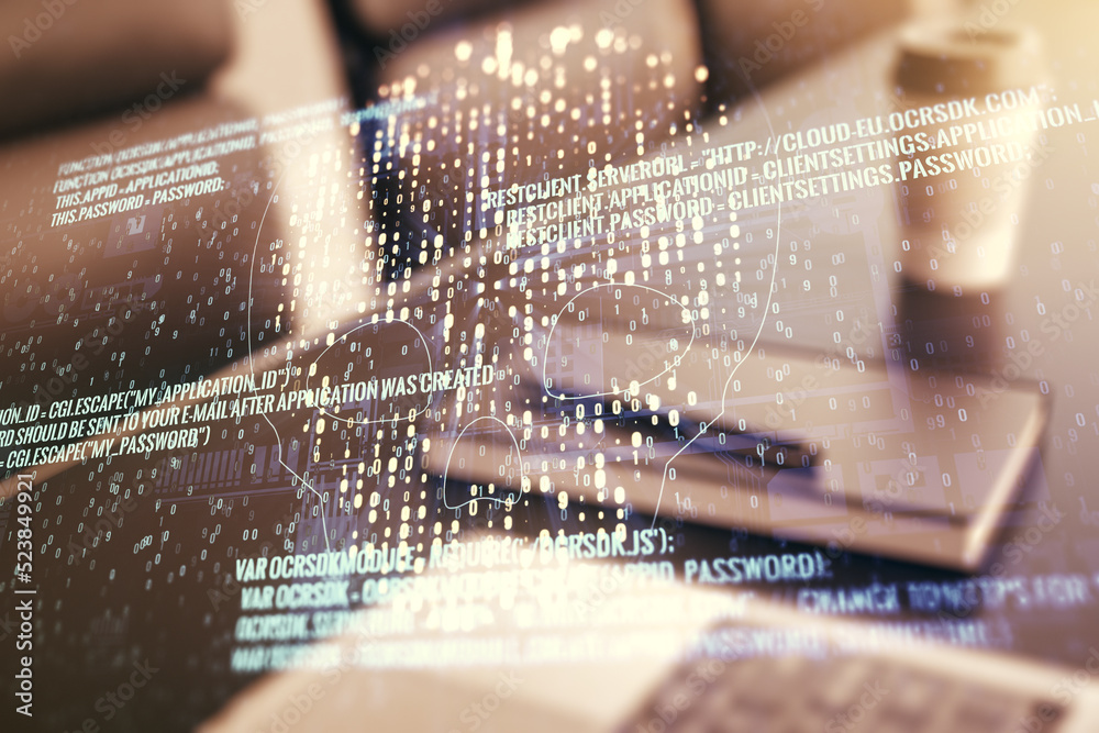 Leinwandbilder creative code skull hologram on modern computer background, cybercrime and hacking concept. multiexp