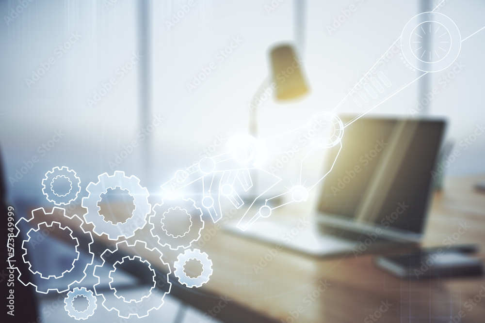 Poster creative abstract robotics technology sketch on modern laptop background, future technology and ai c