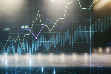 Double exposure of virtual creative financial diagram on contemporary business center exterior background, banking and accounting concept