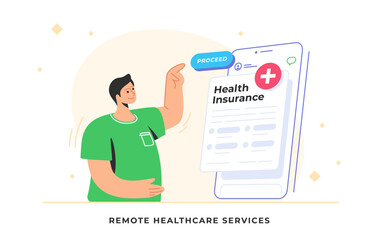 Electronic health insurance card and medical aid guaranteed. Flat vector illustration of smiling man standing near a big smartphone and pointing to a digital form to order a personal health insurance