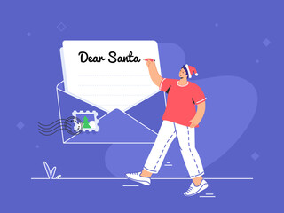 Christmas letter for Santa Claus as wish on holiday. Flat vector illustration of happy man standing near big envelope and writing down wishes letter for Santa Claus