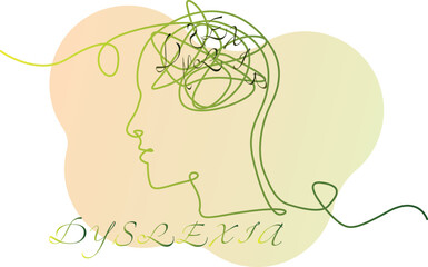 Illustration of human head with scribbles and letters on white background. Dyslexia concept