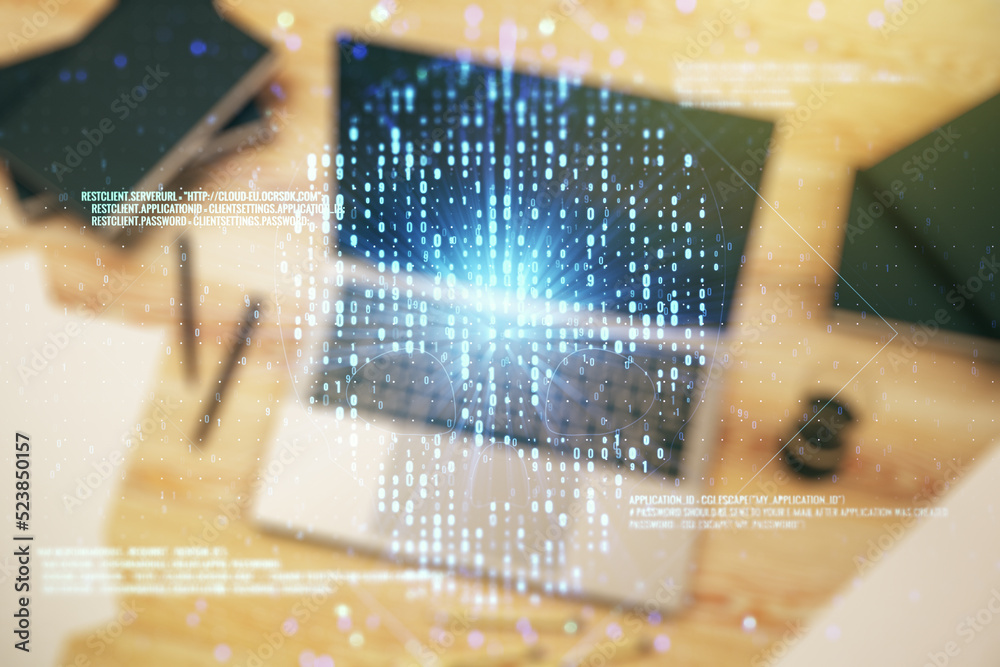 Poster double exposure of creative code skull hologram on laptop background. malware and cyber crime concep