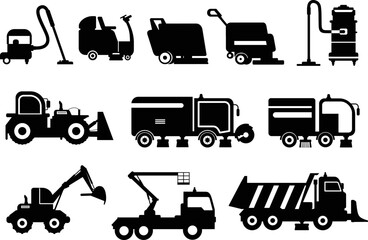 City street cleaning equipment vacuums sweeping washer machines road asphalt Flat isolated Vector Silhouettes