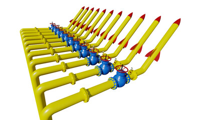 Crisis, gas pipe being turned into weapons, the concept of a threat to Europe's energy security, 3d illustration isolated on white background
