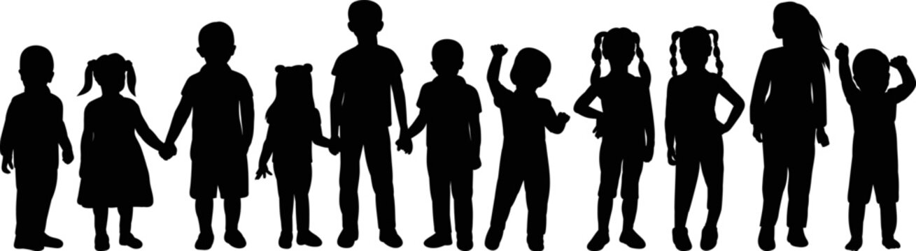 silhouette kids holding hands isolated, vector