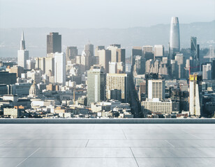 Empty concrete rooftop on the background of a beautiful San Francisco city skyline at daytime, mockup