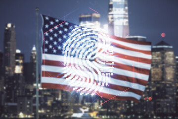 Multi exposure of virtual abstract fingerprint illustration on USA flag and blurry cityscape background, digital access concept