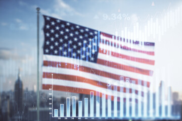 Multi exposure of abstract virtual financial graph hologram on USA flag and blurry cityscape background, forex and investment concept