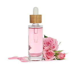 Fototapeta na wymiar Bottle of essential rose oil and flowers on white background