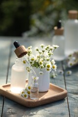 Obraz na płótnie Canvas Bottles of chamomile essential oil, pipette and flowers on grey wooden table